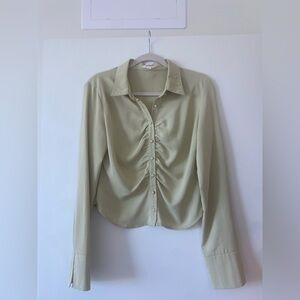 Bittersweet Cropped Mint Green Ruched Button-Up Long Sleeve Blouse Size Large